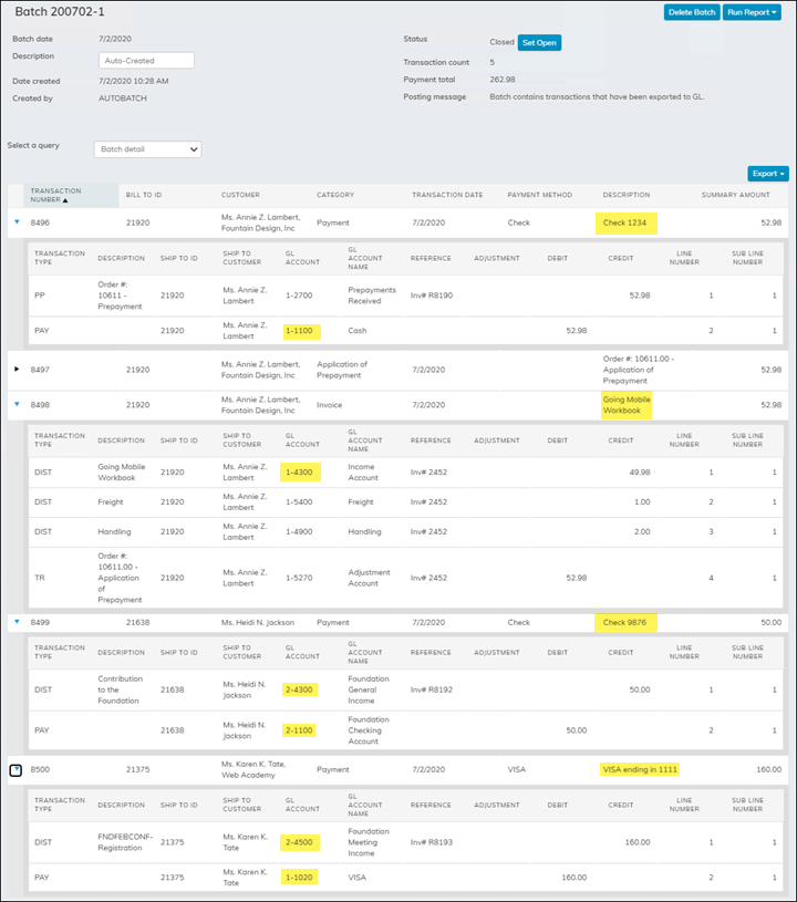 Viewing each transaction within a batch